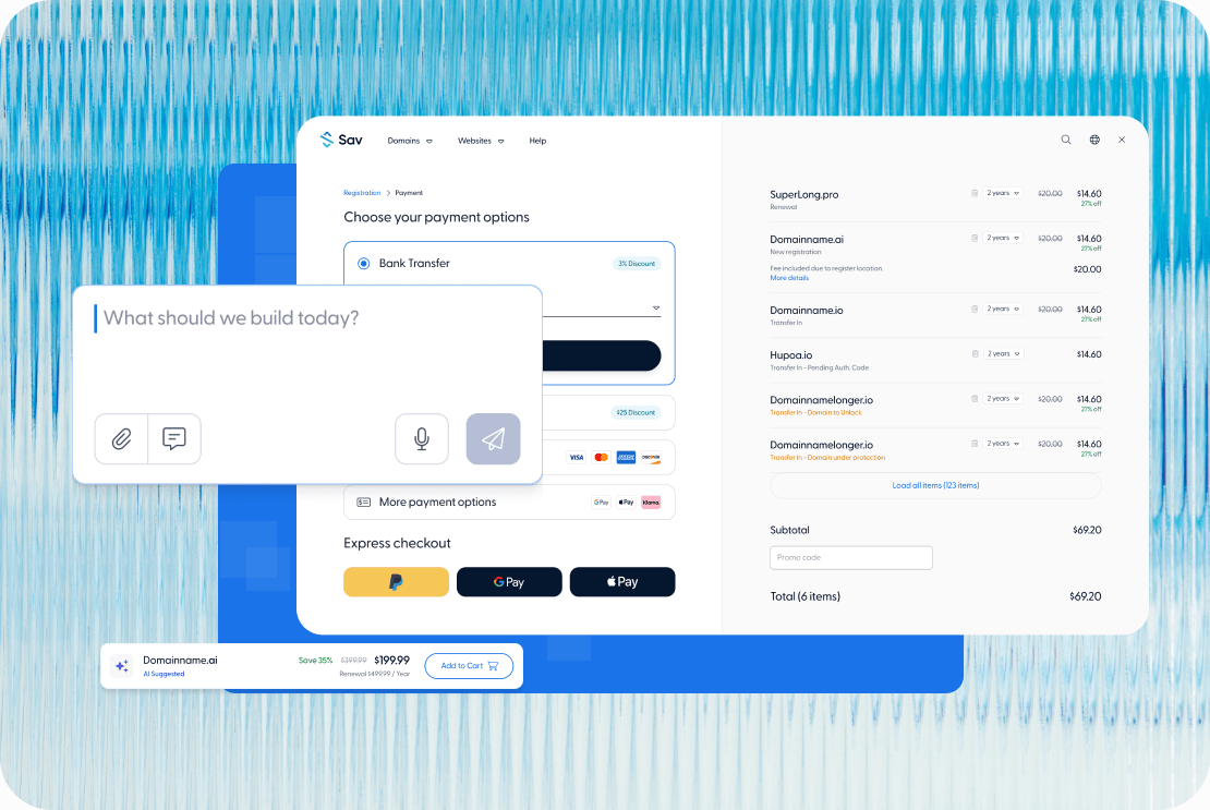 Savannah AI website builder and Sav checkout screens